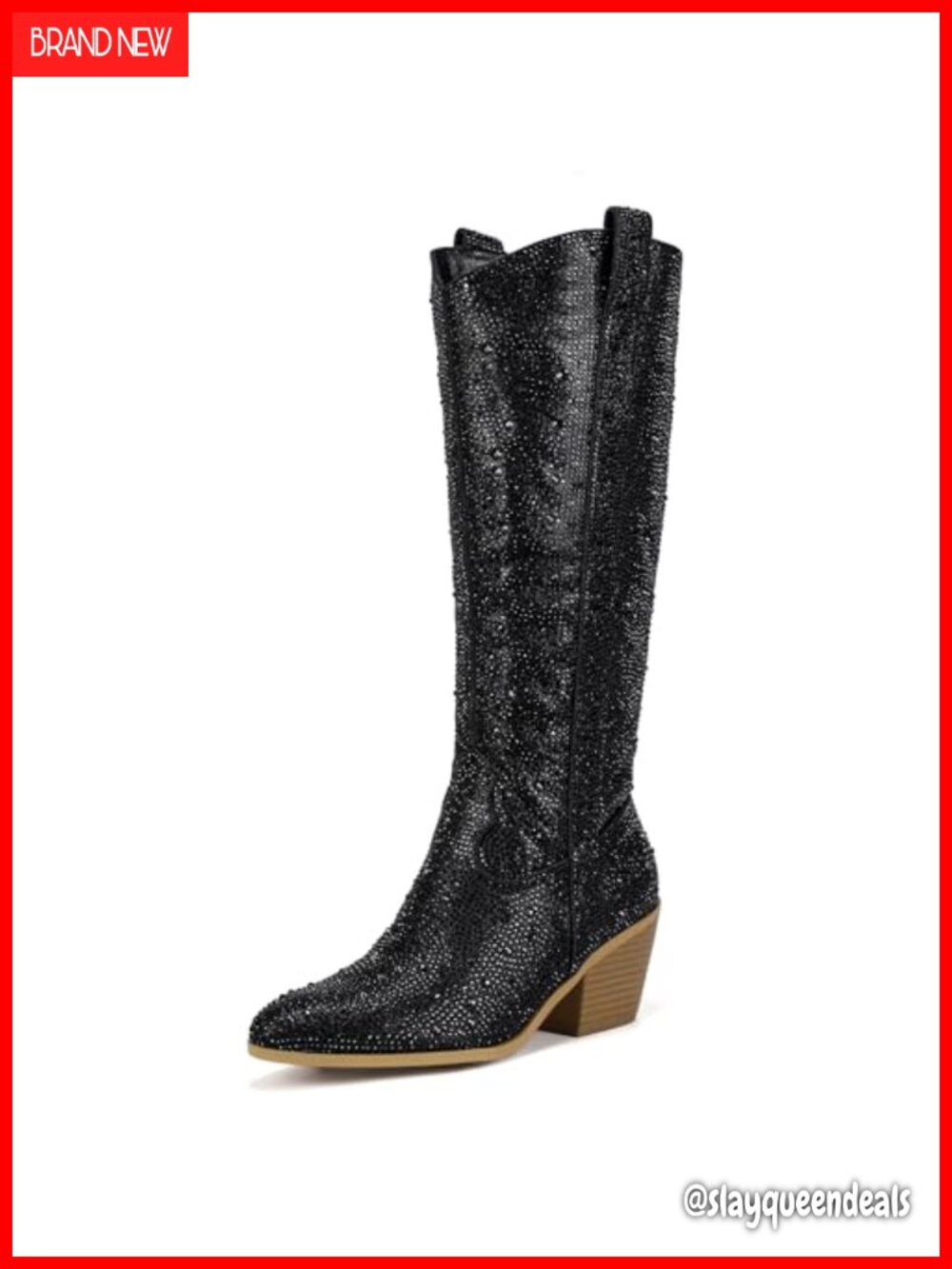 Knee High Western Cowboy Boots Pointed Toe Chunky Block Heel Side Zip